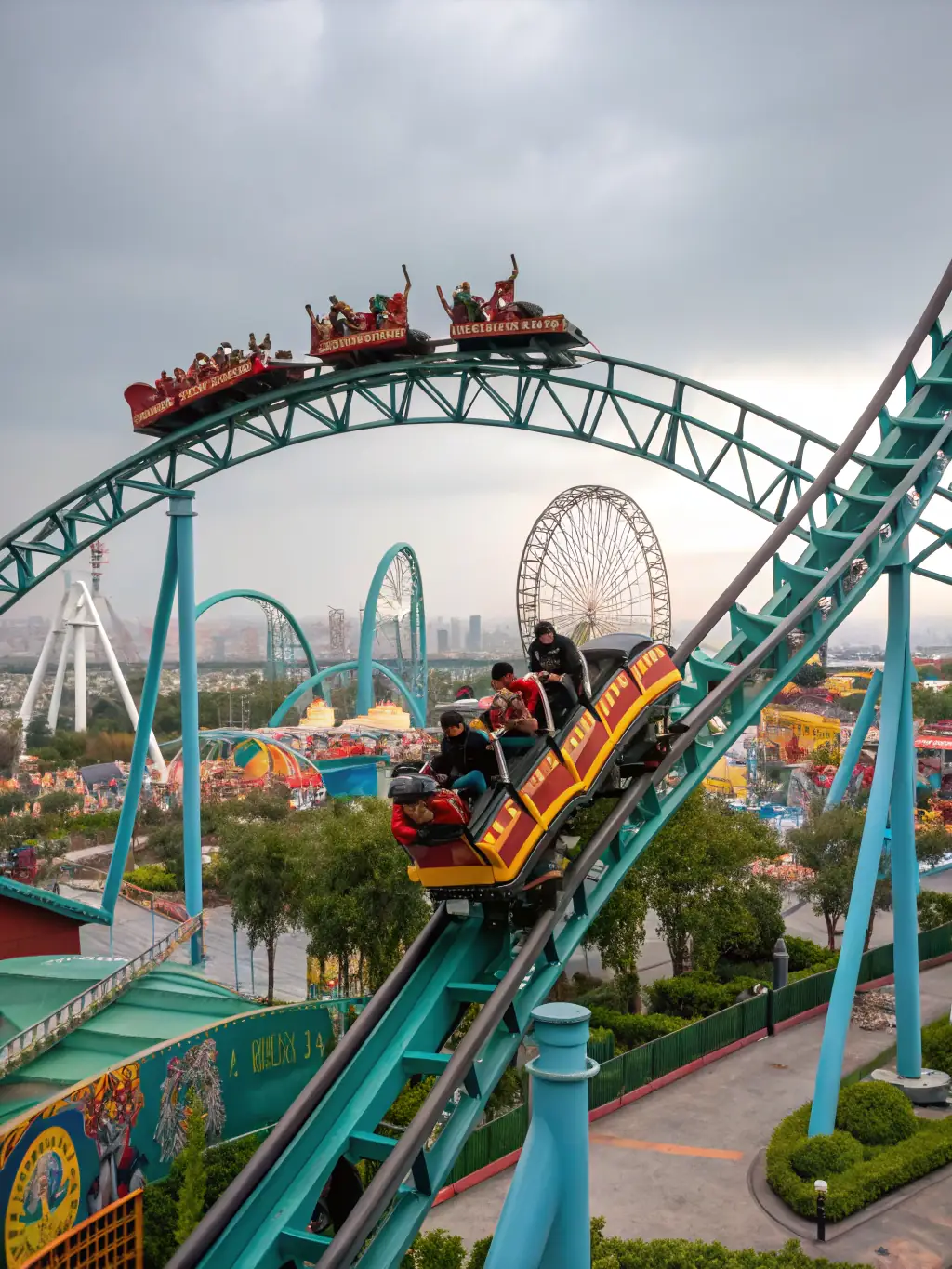 A thrilling photo of a rollercoaster at one of the Gold Coast theme parks, with excited riders and the park's iconic skyline in the background, illustrating the proximity to major attractions.