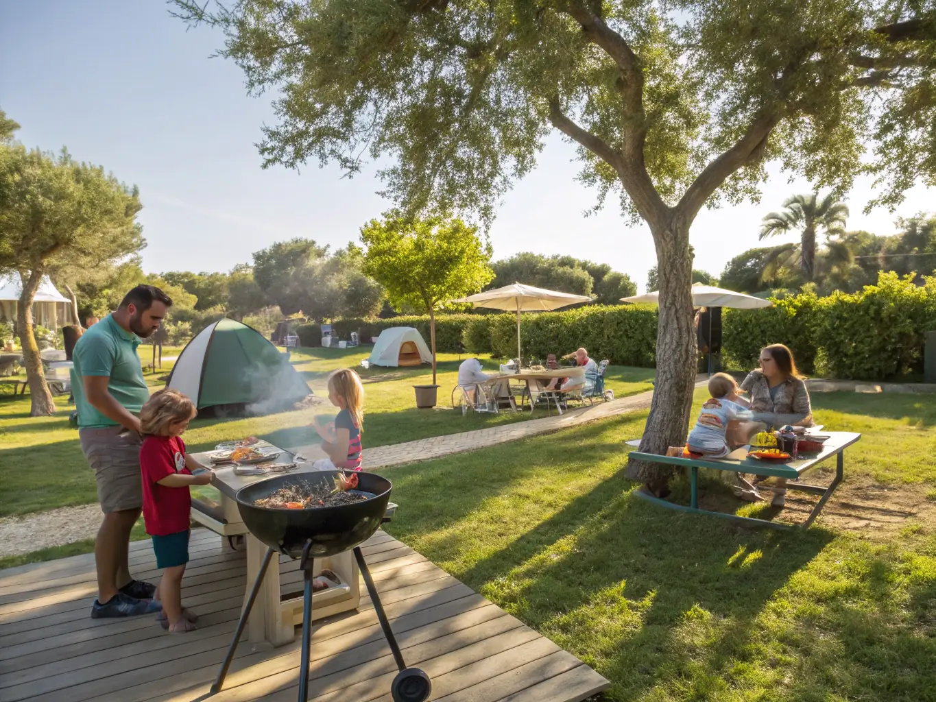 A lively image of the BBQ area at Southport Tourist Park, with families and friends grilling food and enjoying a meal together in a well-maintained outdoor space.