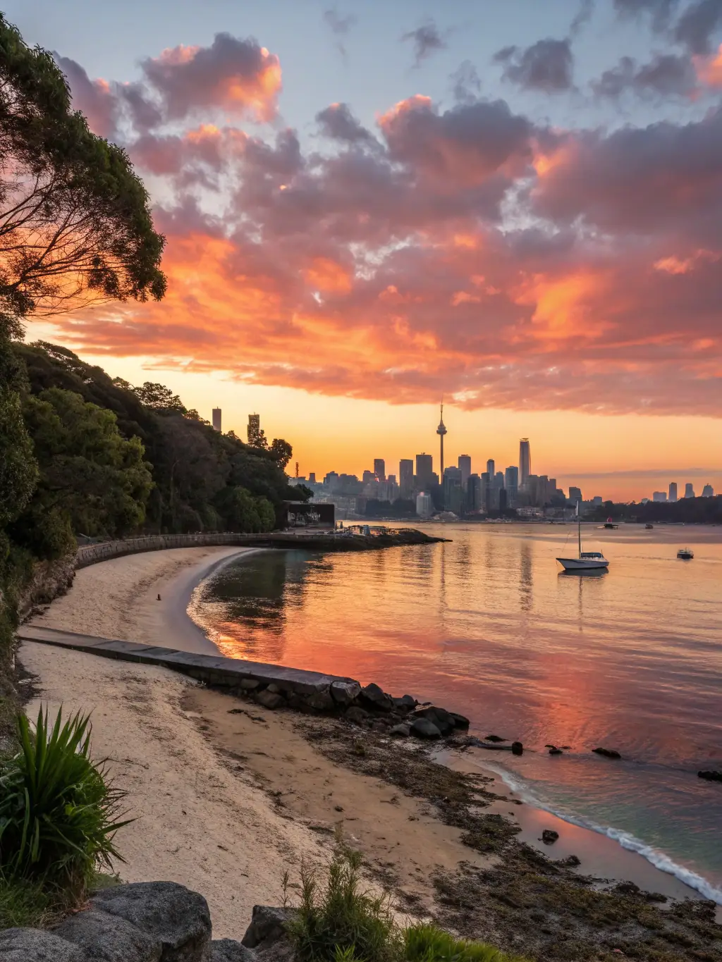 A dazzling image of Surfers Paradise skyline at sunset, capturing the vibrant atmosphere and iconic beach, emphasizing its easy reach from Southport.