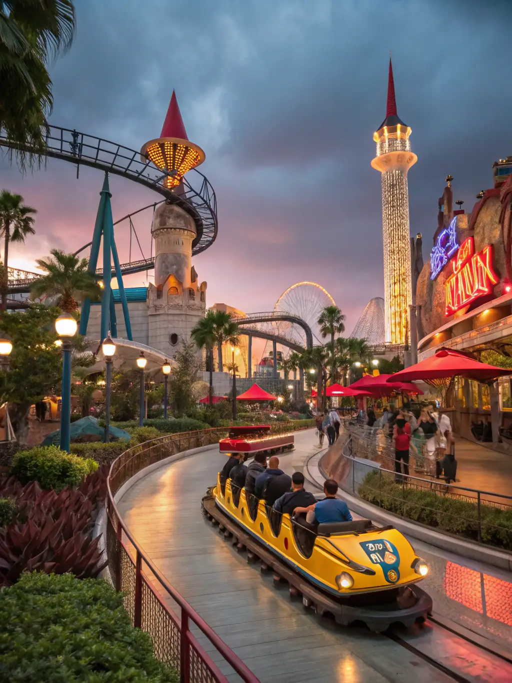 An exciting image of Movie World's thrilling roller coasters and movie-themed attractions, showcasing the park's family-friendly entertainment options.