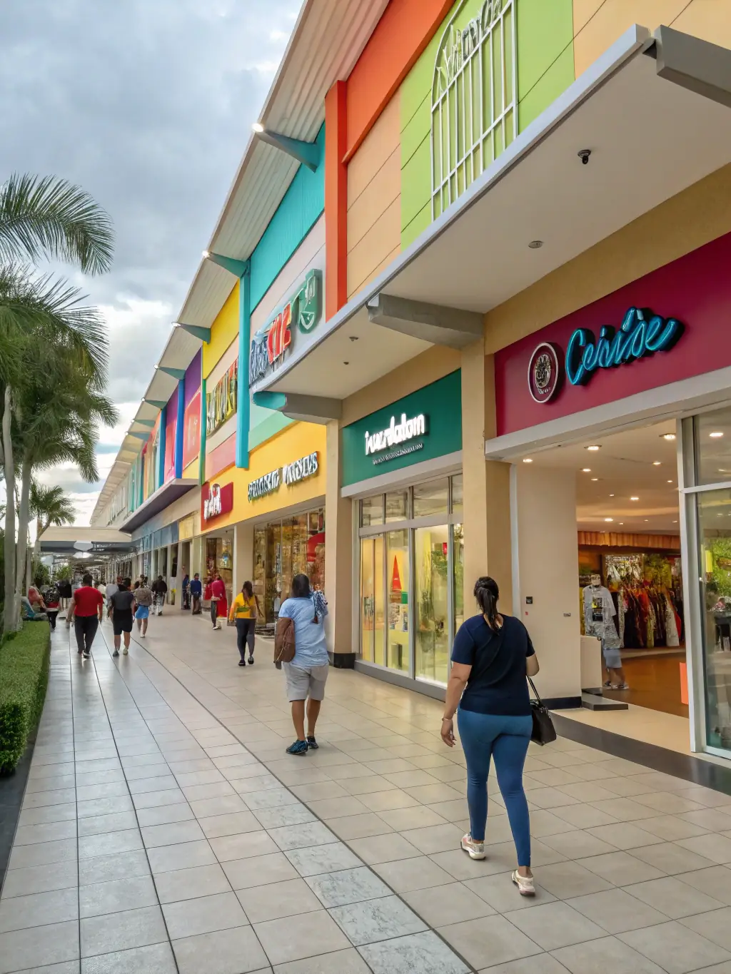 A bustling scene from a local shopping precinct, with people browsing shops, enjoying cafes, and the vibrant atmosphere of the Gold Coast's retail scene, showcasing the shopping and dining options.