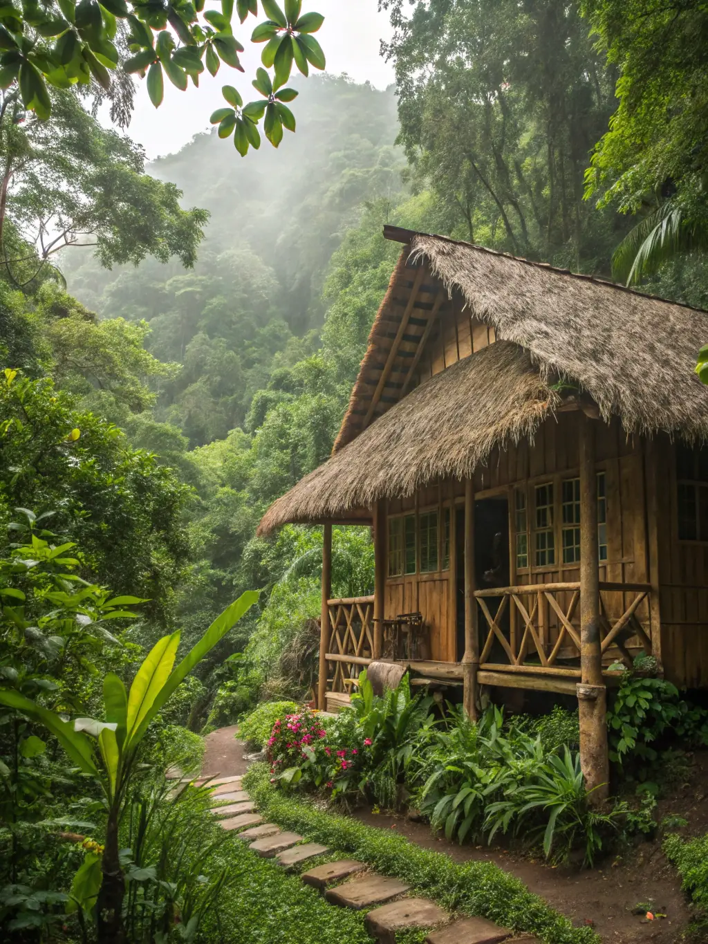 An inviting image of a cozy Cabin at Southport Tourist Park, surrounded by lush greenery, with a glimpse of the outdoor seating area.