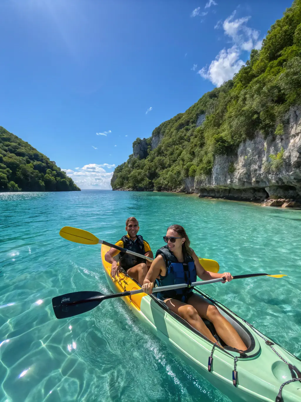 A serene image of people kayaking or paddleboarding on the calm waters of the Gold Coast, with the city skyline in the distance, highlighting the water activities available nearby.