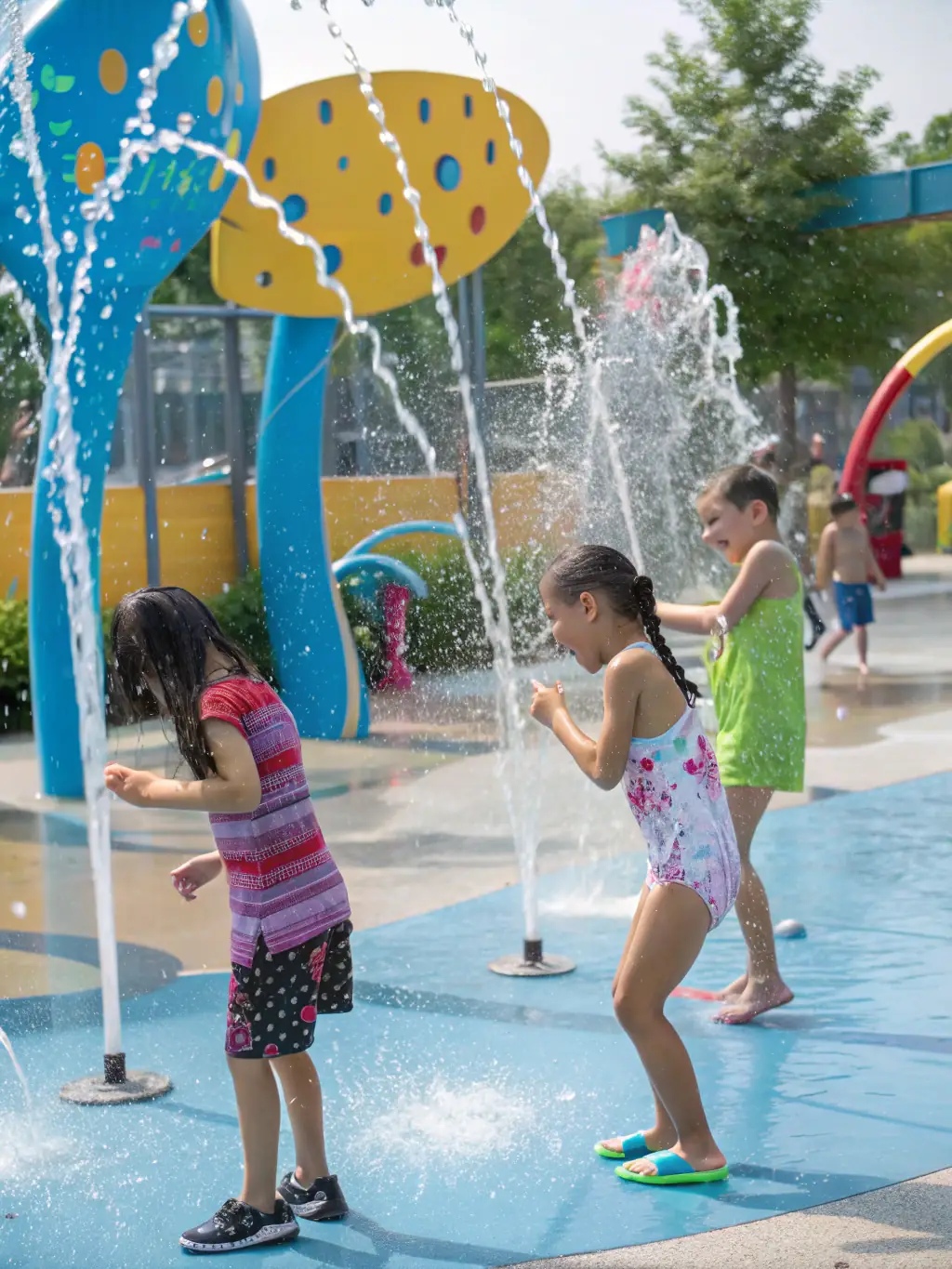 A vibrant image of families enjoying the Broadwater Parklands, with kids playing in the water fountains and picnic areas in the background, showcasing the family-friendly atmosphere and easy access from Southport Tourist Park.