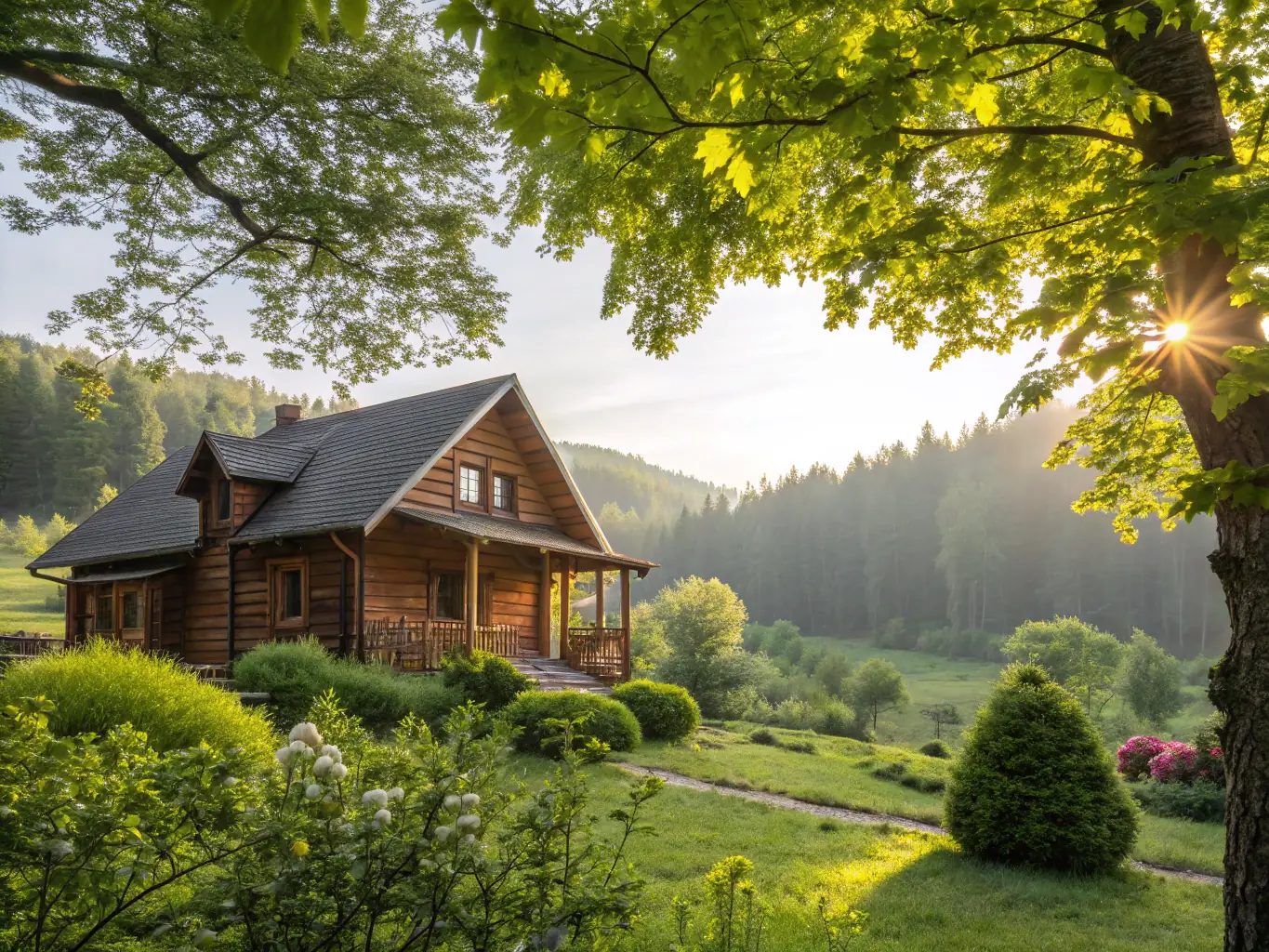 A picturesque cabin nestled among lush greenery at Southport Tourist Park, featuring a wooden deck and large windows that offer stunning views of the surrounding landscape. The image conveys a sense of tranquility and relaxation.