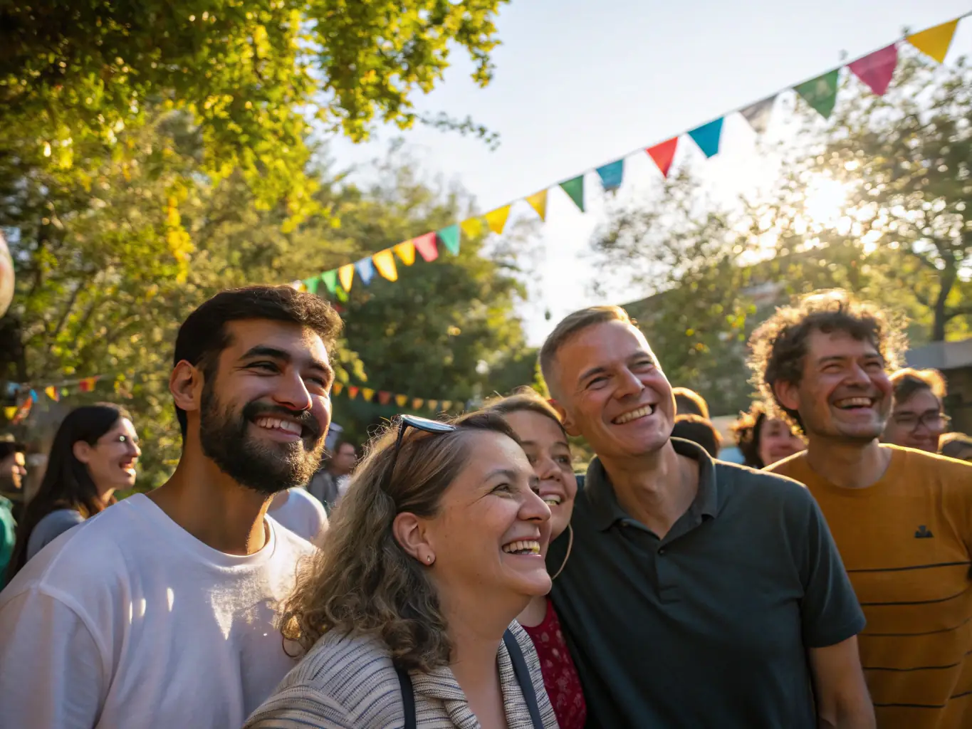 A group of people laughing and connecting during a community gathering at Southport Tourist Park & Retreat, showcasing the community connection moments available.